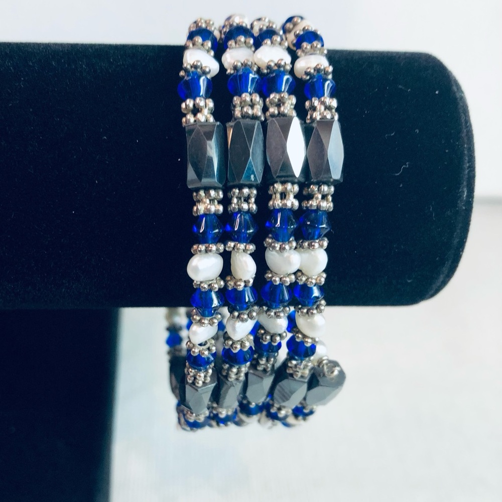 Necklace Bracelet Fresh Water  Pearl   Blue Crystal Black Hematite Magnetic 36in